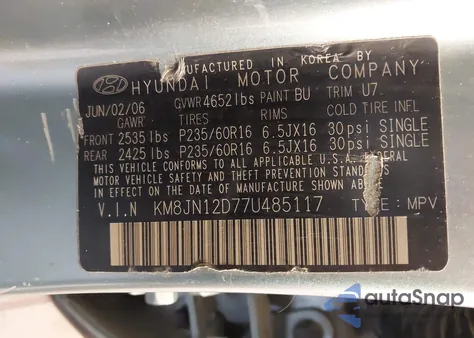 2007 Hyundai Tucson Se/Limited z USA, uszkodzony, nr VIN KM8JN12D77U485117